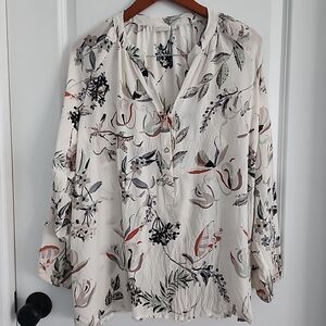 Spartina 449 100% Silk Ivory Multicolor Floral Blouse Size XXL Balloon Sleeve